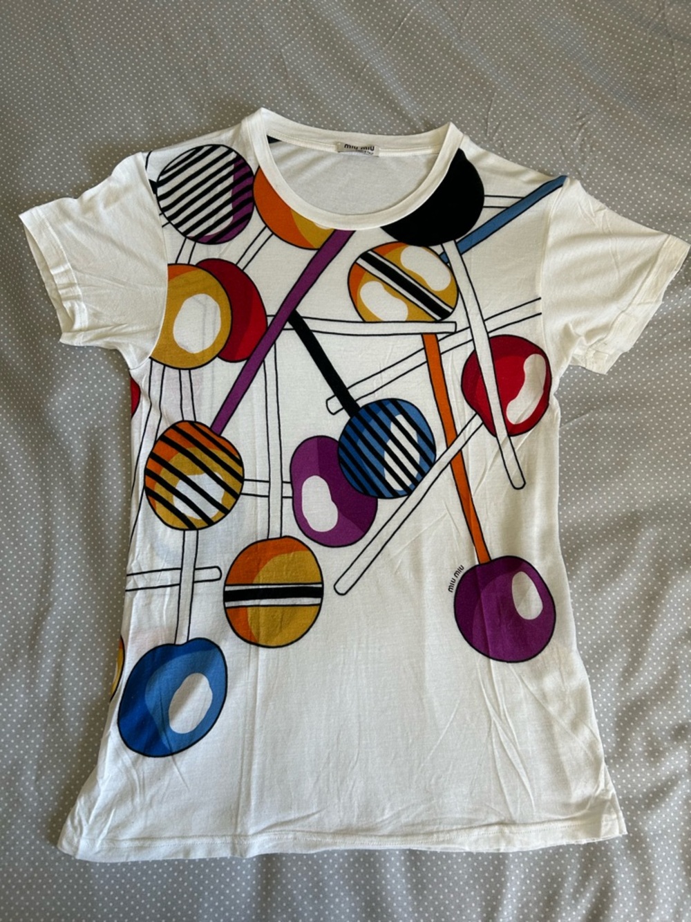 Vintage Graphic White Tee with Colorful Lollipop Print by Miu Miu
